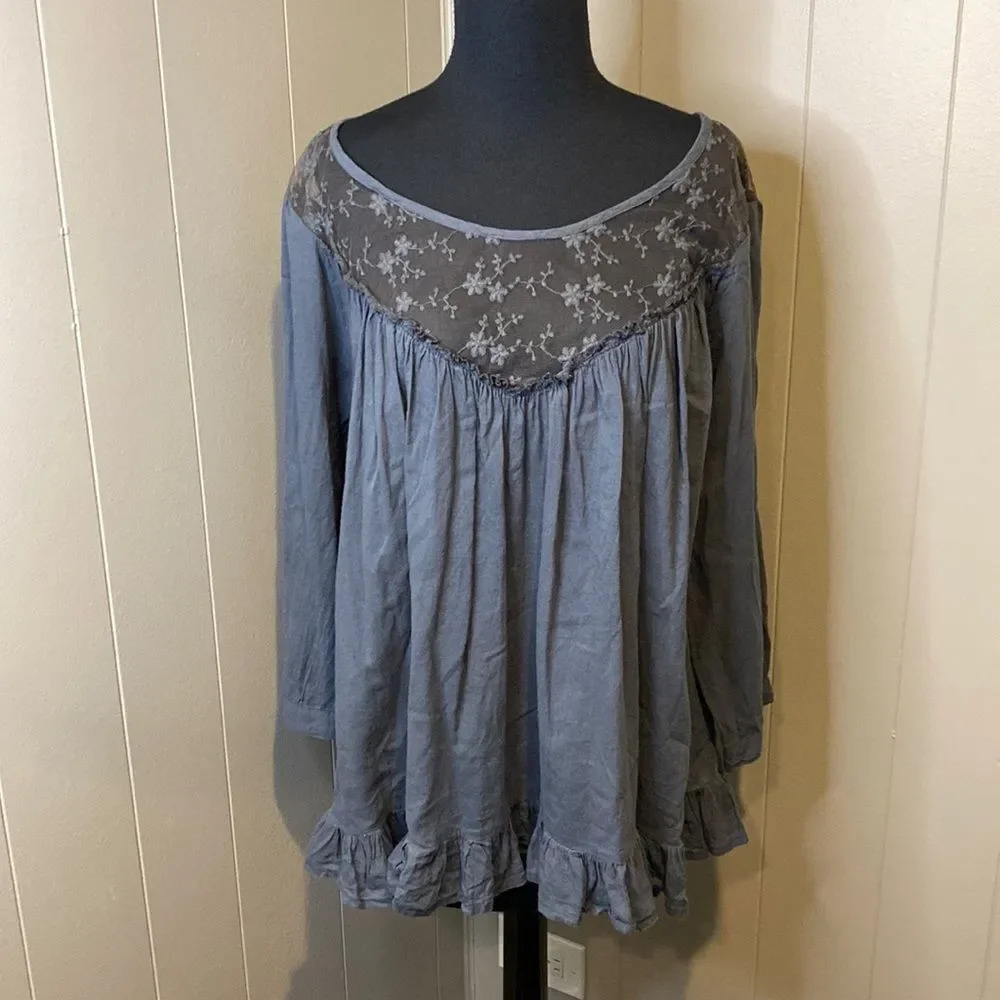 World Market Small/Medium Blue Long Sleeve Smocked Top Giselle Lace Ruffles